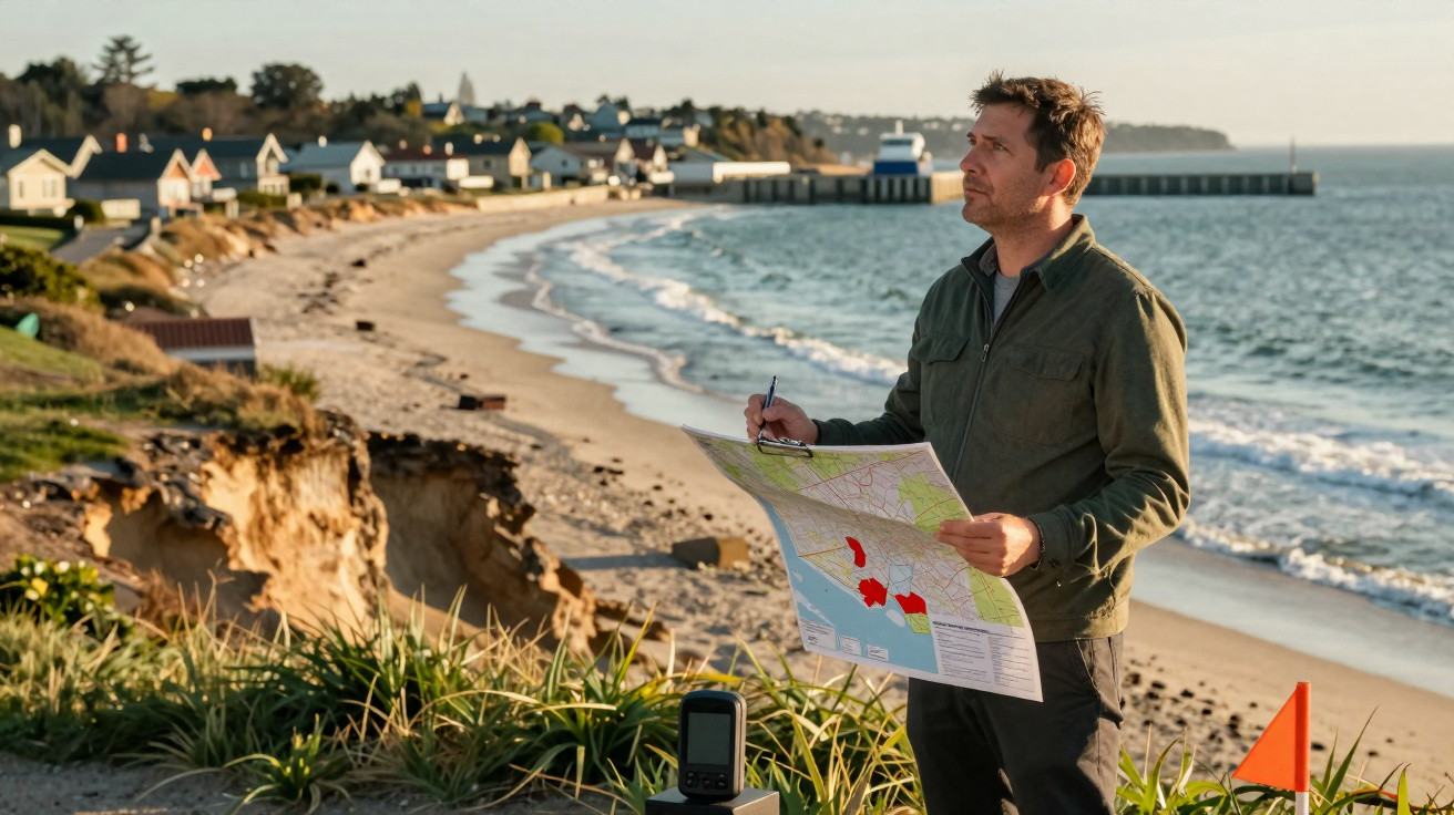 Homem analisa mapa na praia com casas, falésia, mar e cais ao fundo ao pôr do sol.