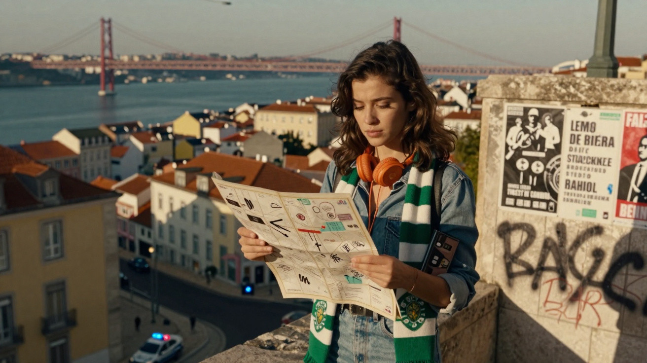Jovem com auscultadores alaranjados ao pescoço lê um mapa em Lisboa, com a ponte 25 de Abril ao fundo.