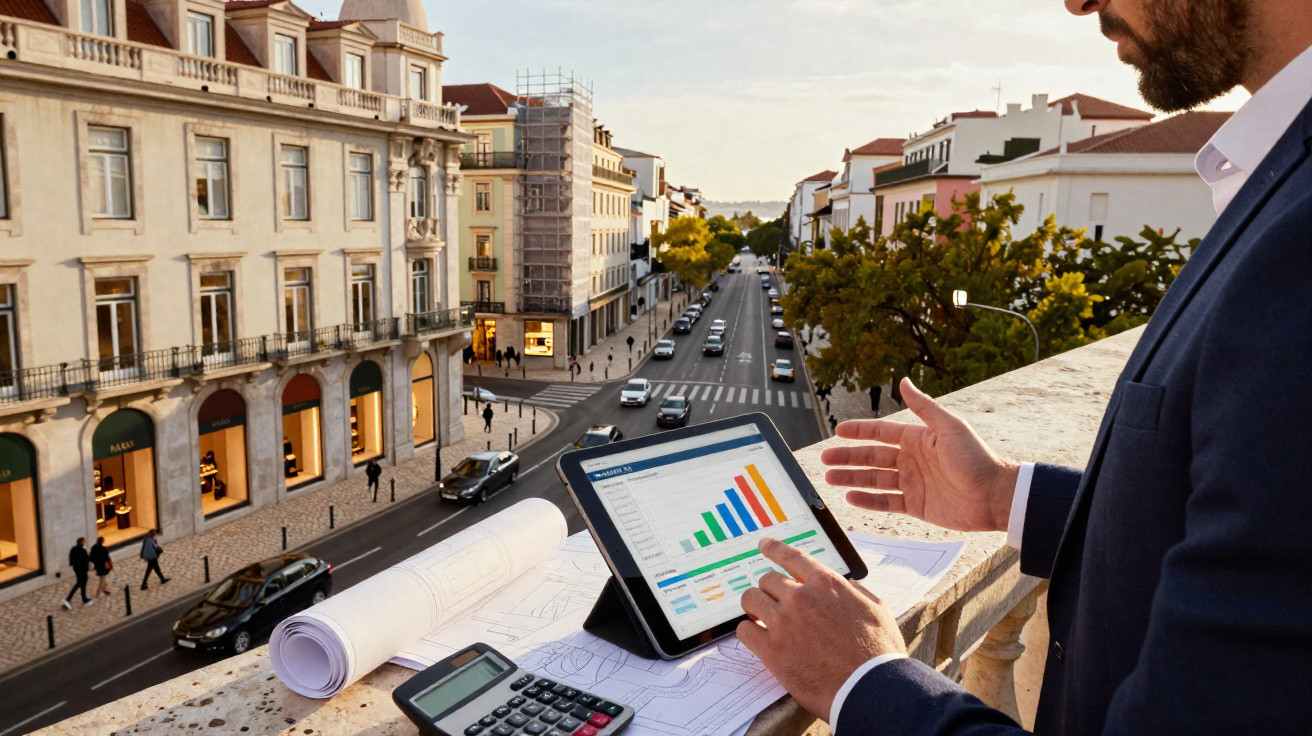 Homem de fato a analisar gráficos num tablet numa varanda com vista para uma rua urbana movimentada.