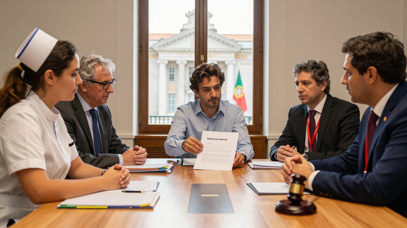 Grupo de profissionais reunidos numa sala discutindo um documento sobre reforma laboral em Portugal.