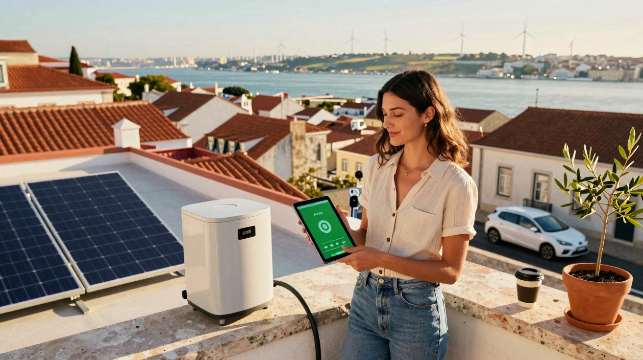 Mulher com tablet junto a painéis solares e turbinas eólicas numa área residencial ao pôr do sol.