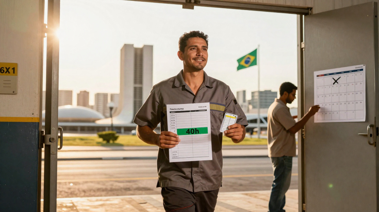 Homem com uniforme cinzento a sorrir e a segurar documento em edifício com bandeira do Brasil ao fundo.