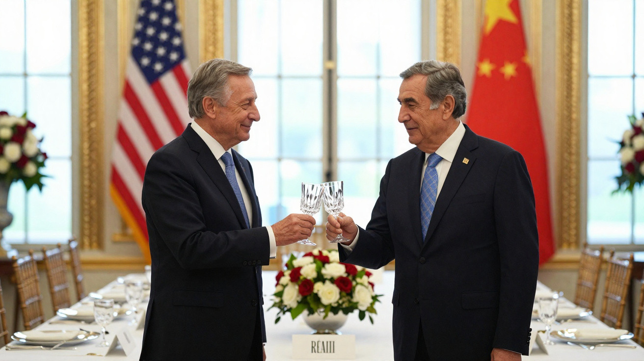 Dois homens de fato brindam com copos de cristal numa sala decorada com bandeiras dos EUA e China.