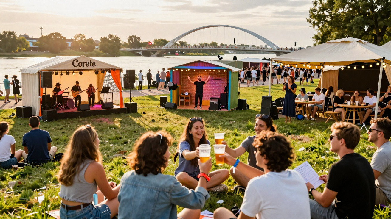 Grupo de amigos a brindar com cervejas num festival ao ar livre junto a um rio, com palco e público ao fundo.