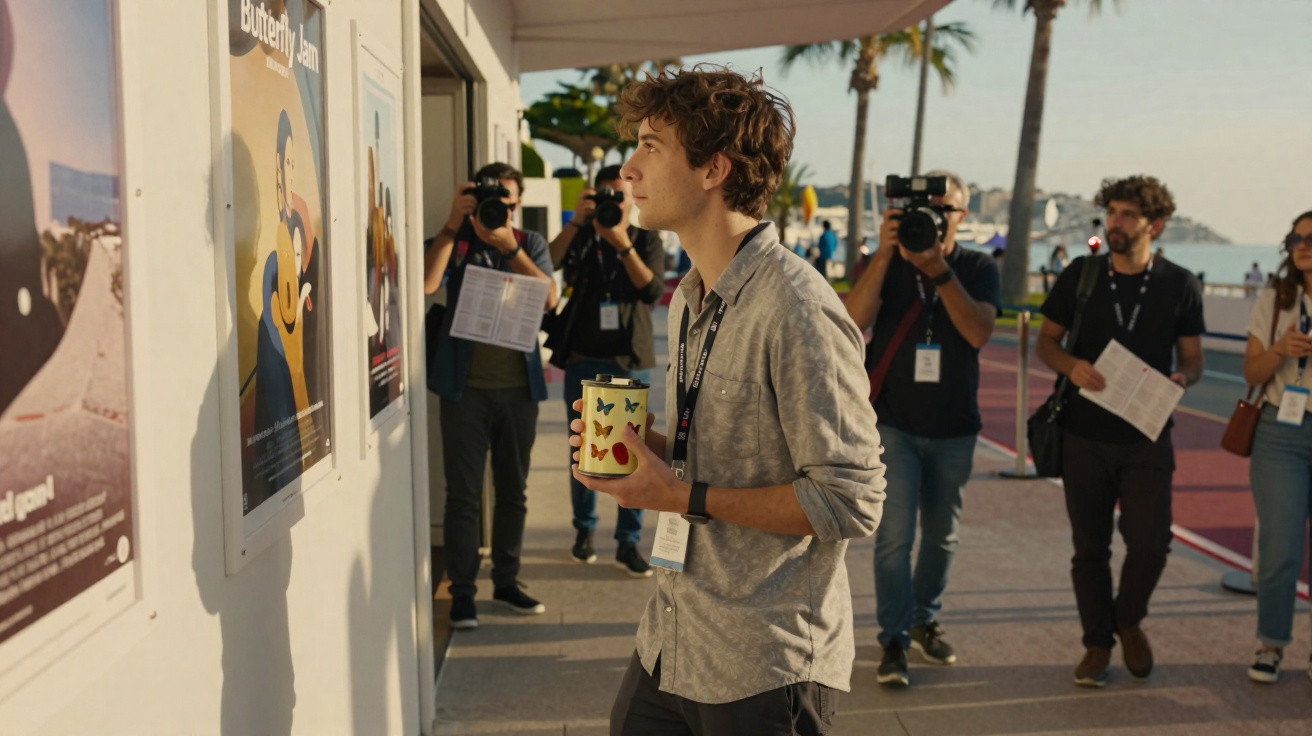 Grupo de homens com crachás e papéis durante sessão ao ar livre junto a posters de filme.