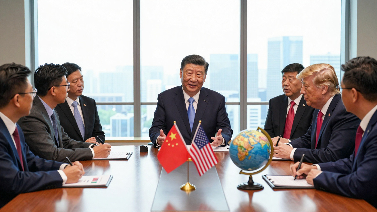 Reunião formal entre delegações da China e dos EUA com bandeiras e globos sobre a mesa.