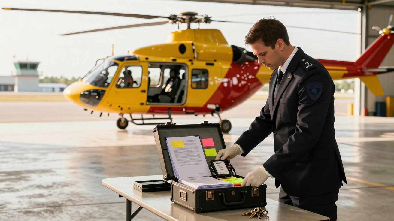 Homem com uniforme azul a revisar documentos numa mala, com helicóptero amarelo e vermelho numa pista de hangar.