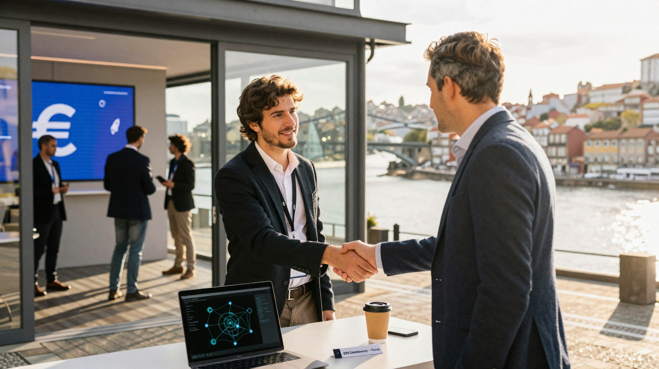 Dois homens a cumprimentarem-se com aperto de mão num evento empresarial junto a uma mesa com computador portátil.
