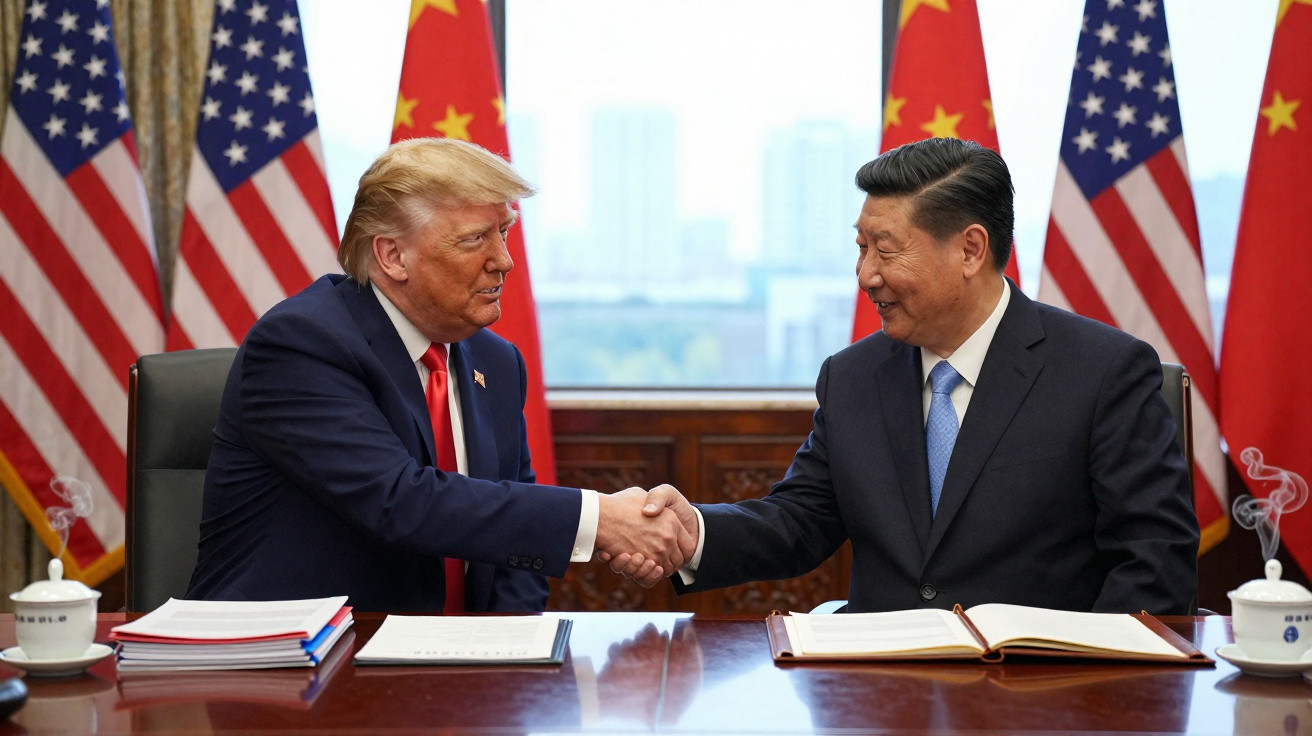 Dois líderes políticos sentados à mesa cumprimentam-se com aperto de mãos, com bandeiras dos EUA e China ao fundo.