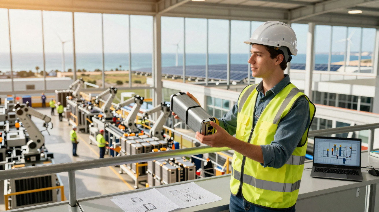 Engenheiro com capacete e colete de segurança a segurar componente numa fábrica de baterias.