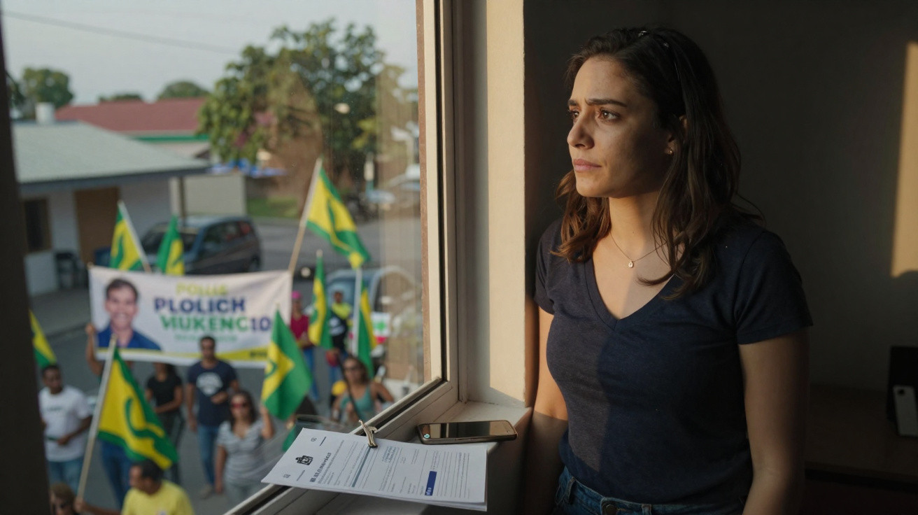 Mulher olha pensativa pela janela enquanto grupo de pessoas com bandeiras e cartaz de campanha política está na rua.