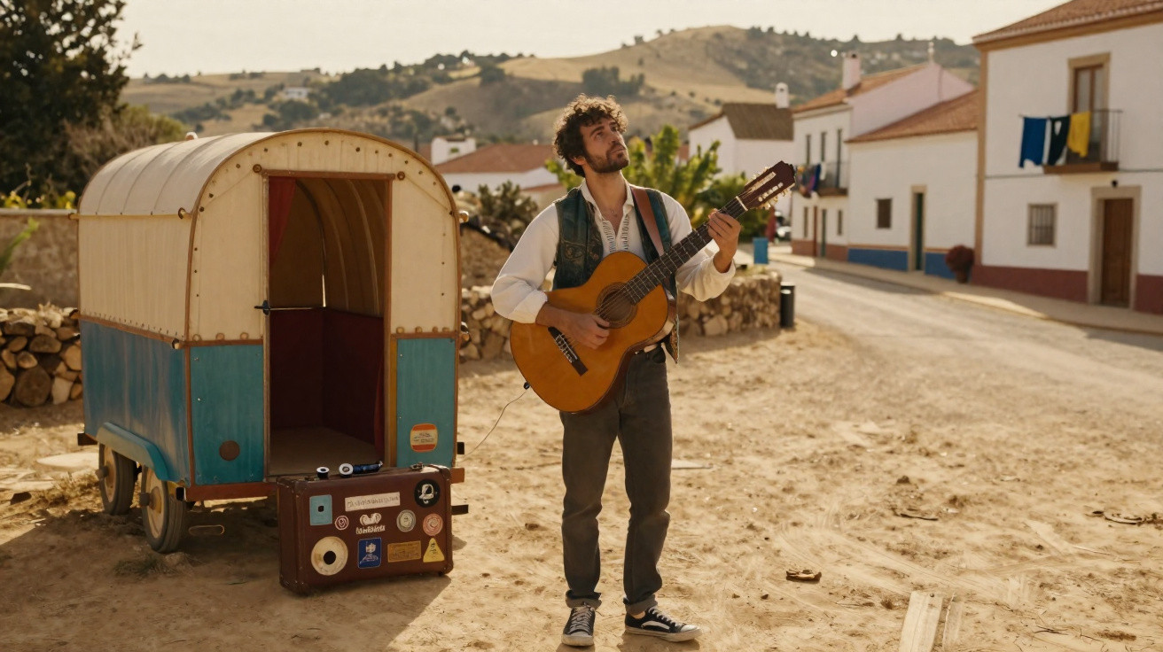 Homem a tocar guitarra em rua de terra entre casas brancas com telhados de telha em aldeia rural.