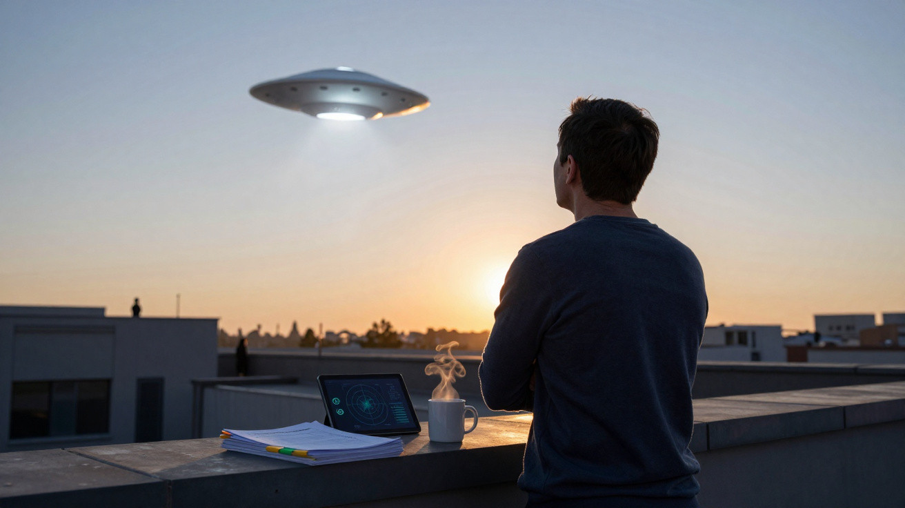 Homem num telhado observa um objeto voador não identificado ao pôr do sol com laptop e café.