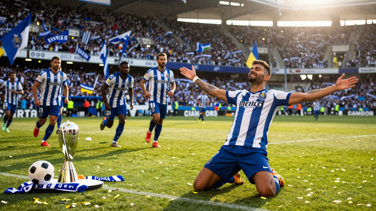 Jogador do FC Porto celebra golo com troféu e bola em estádio cheio de adeptos com bandeiras.
