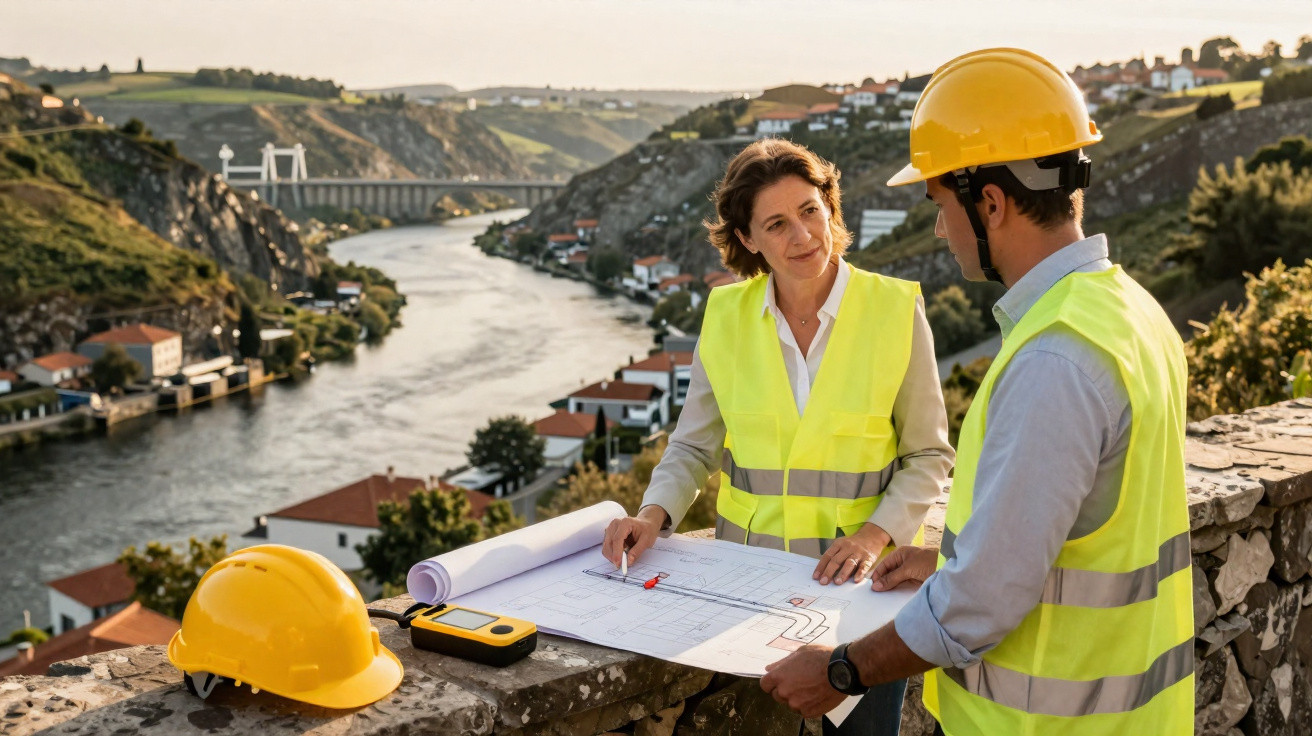 Dois engenheiros com coletes refletores analisam plantas junto a um rio, com barragem e casas ao fundo.