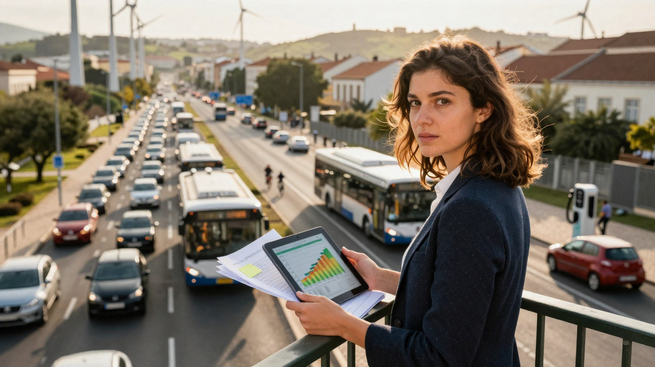 Mulher com tablet e documentos numa ponte sobre estrada com trânsito urbano e turbinas eólicas ao fundo.