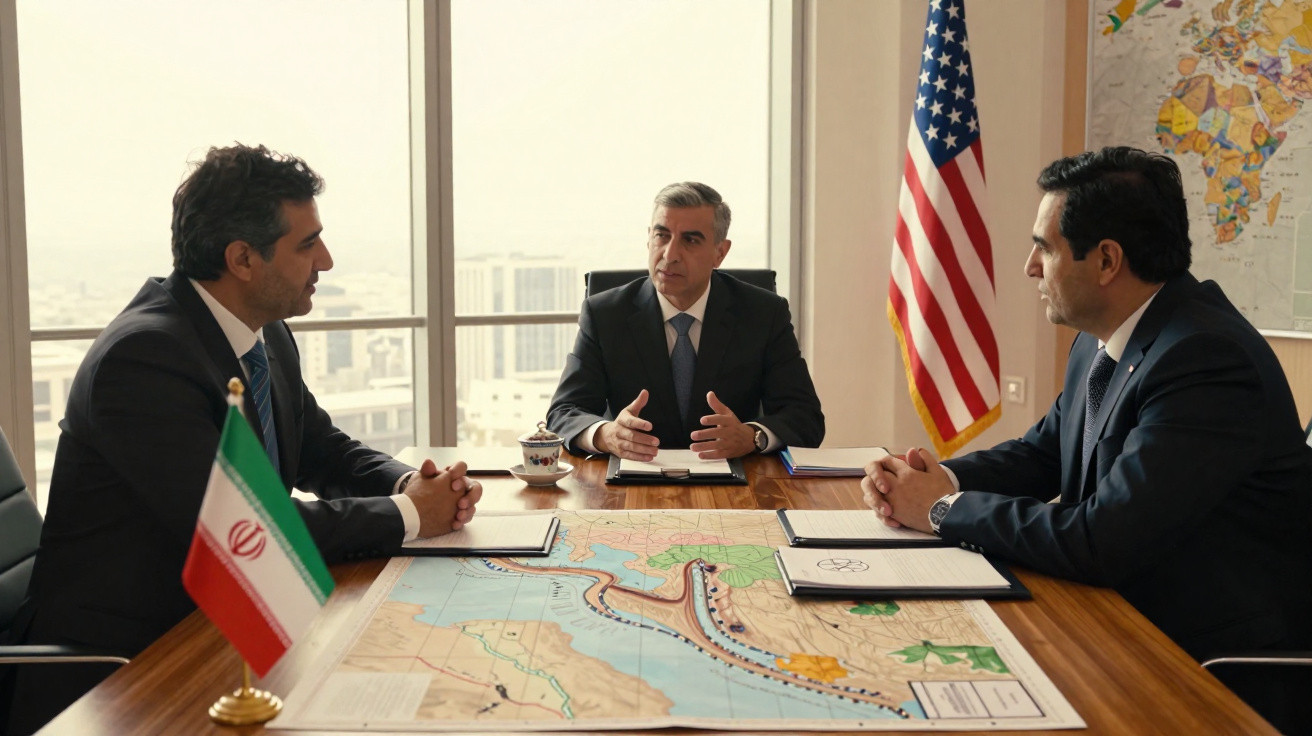 Três homens de negócios em reunião com bandeiras do Irão e Estados Unidos e um mapa na mesa.