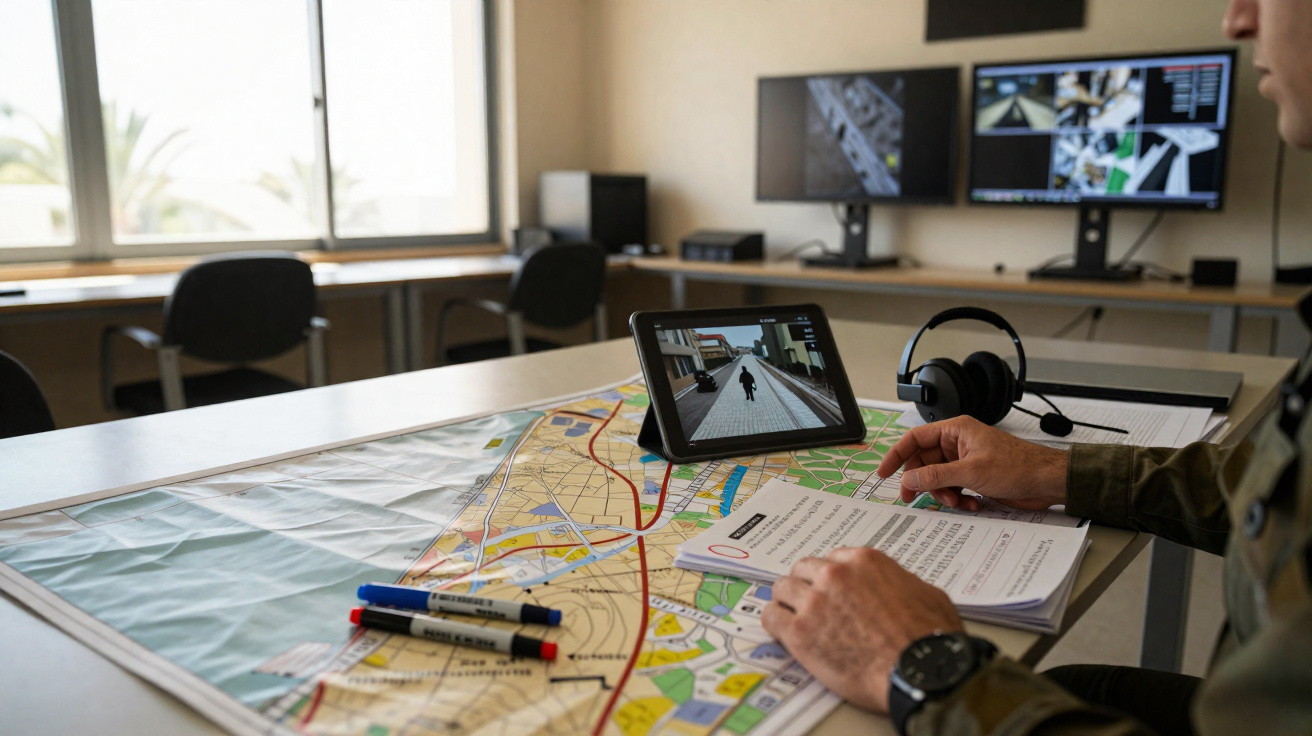 Pessoa a analisar mapa e vídeo num tablet numa sala com várias cadeiras e ecrãs nas paredes.
