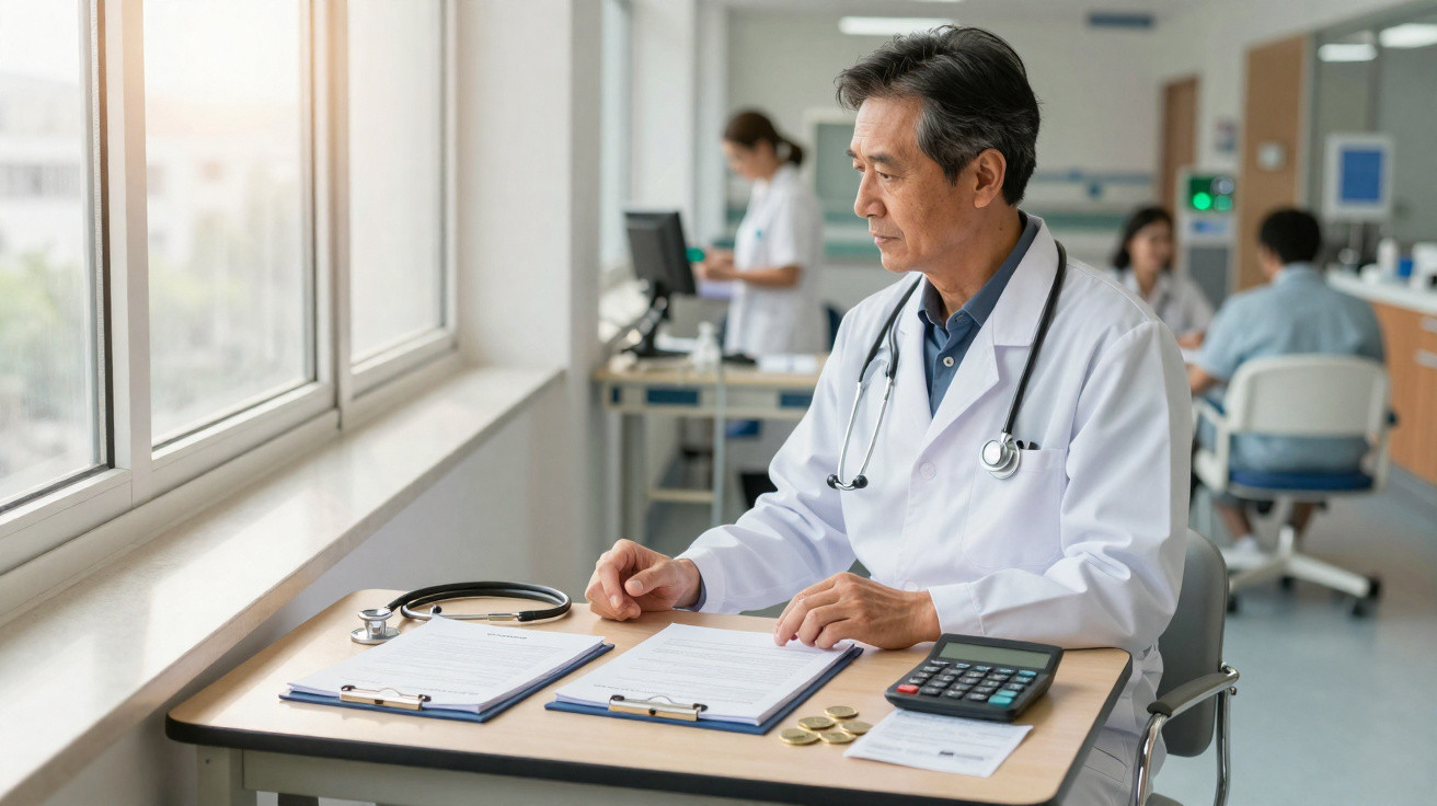 Médico sentado a uma secretária, a analisar documentos com estetoscópio e calculadora ao lado.