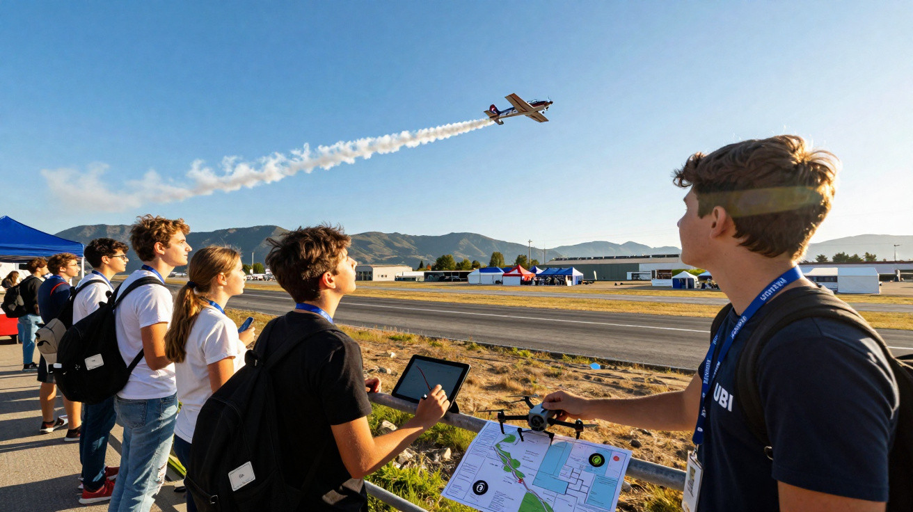 Jovens observam um avião a fazer manobras acrobáticas com rastos de fumo num dia soalheiro.