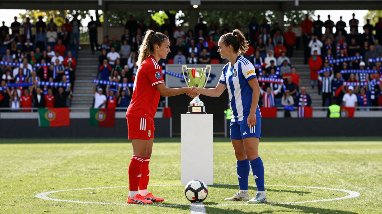 Duas jogadoras de futebol, uma de vermelho e outra de azul e branco, frente a um troféu no campo com público atrás.