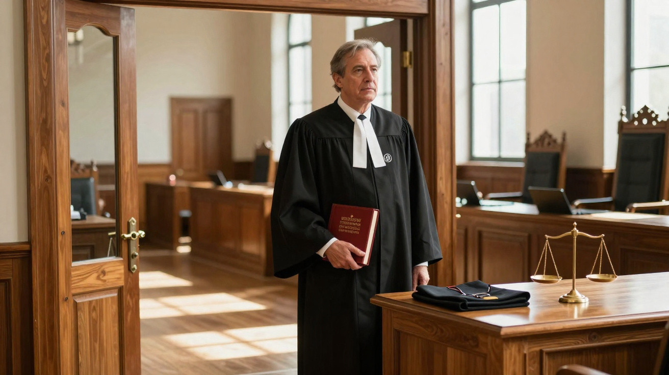 Homem vestido com toga preta segurando livro vermelho em sala de tribunal com móveis de madeira.