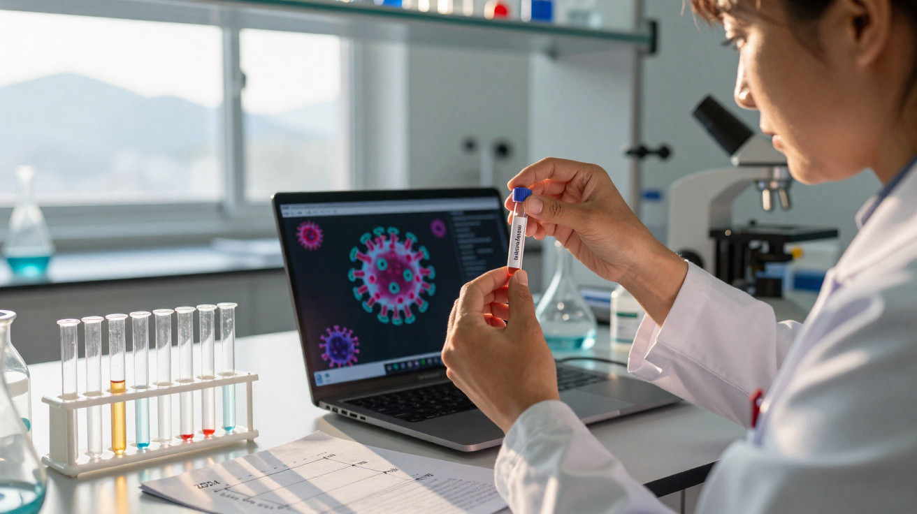 Investigadora em laboratório a analisar amostra com imagem do coronavírus num portátil ao fundo.