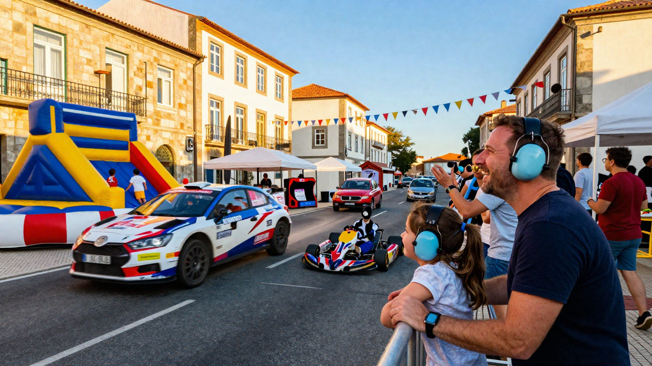 Criança e adulto com protetores auditivos assistem corrida de carros e motos numa rua decorada com bandeirolas coloridas.