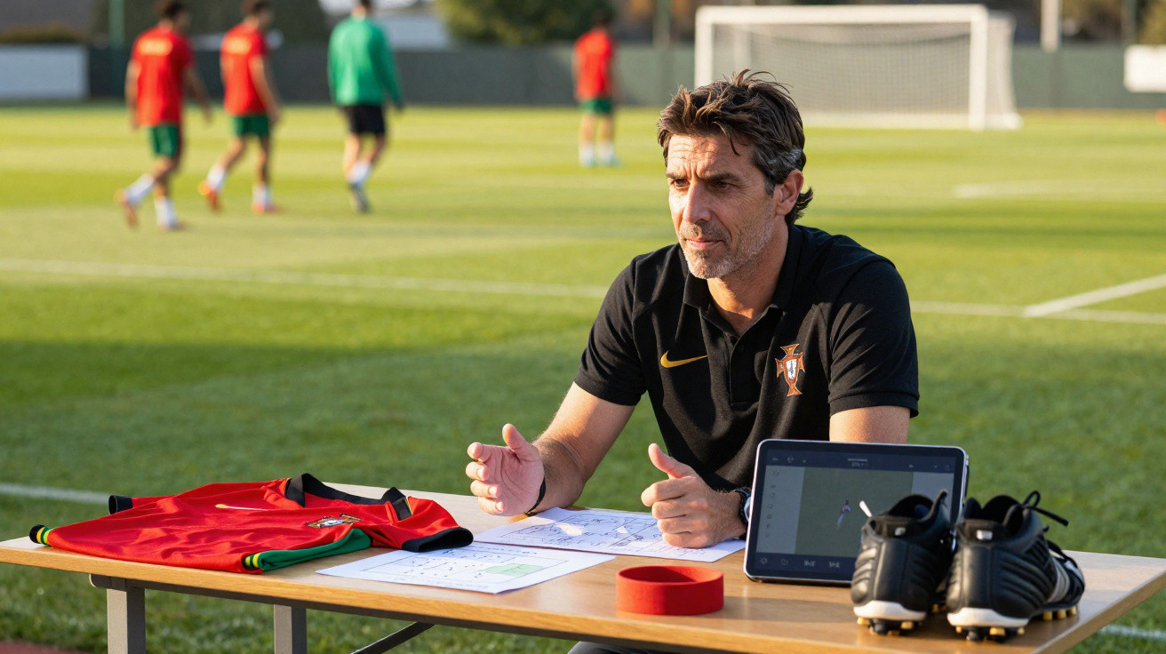 Homem com camisola da seleção de Portugal analisa tática num campo de futebol com material de treino na mesa.
