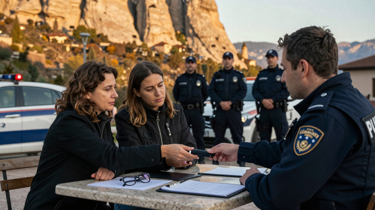 Dois oficiais da polícia sentados a uma mesa ao ar livre, com um casal a entregar algo, cenário montanhoso ao fundo.