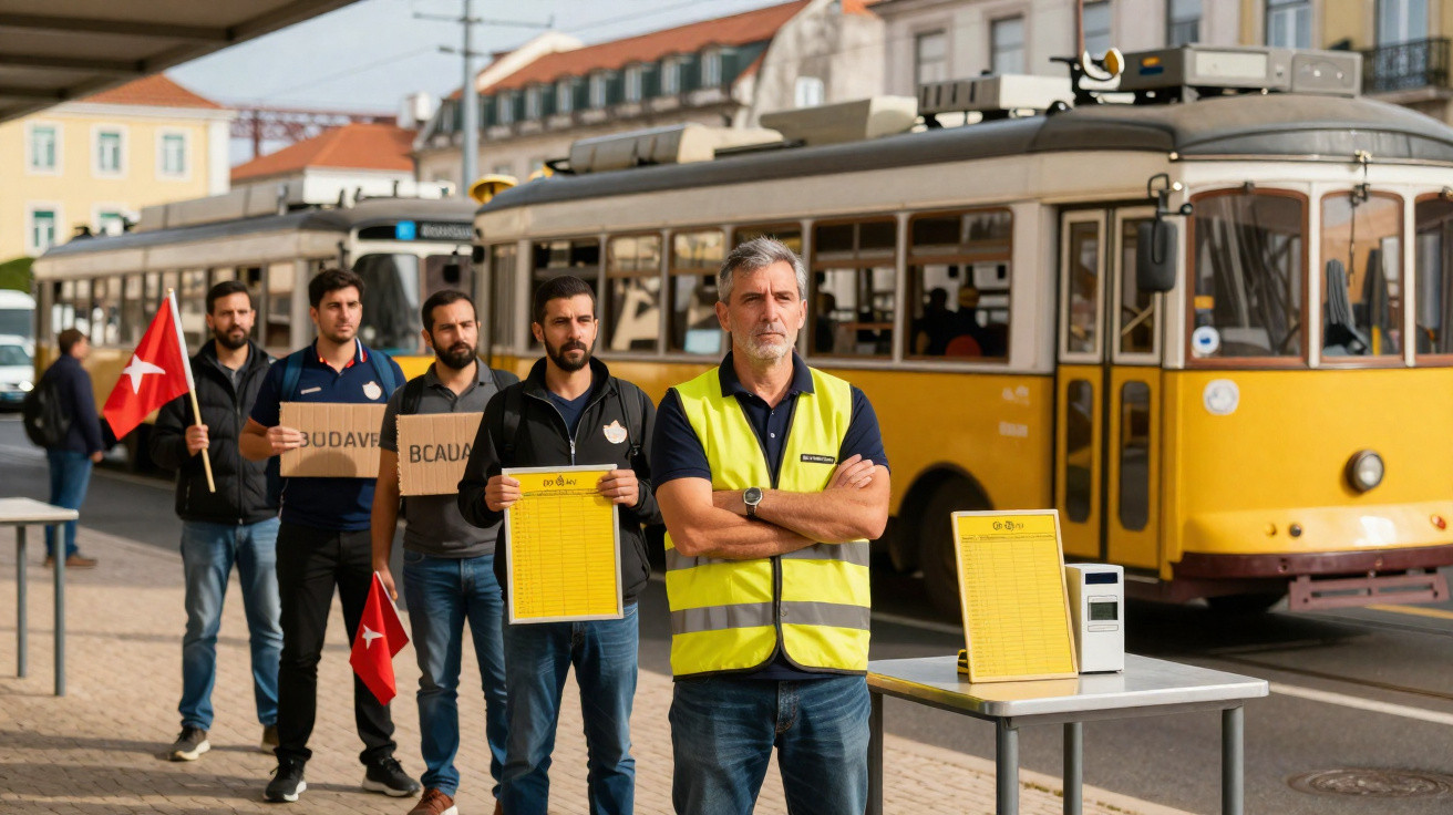 Homem com colete refletor à frente de mesa com urna e fila de pessoas com bandeiras vermelhas junto a elétrico amarelo.