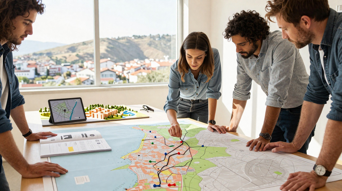 Quatro pessoas a analisar um mapa urbano com marcadores coloridos numa mesa luminosa junto a uma janela.
