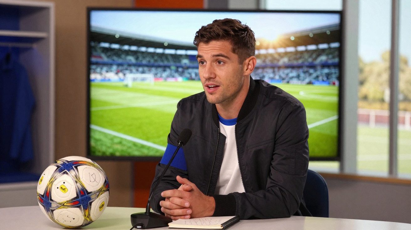 Homem jovem numa conferência de imprensa desportiva com duas bolas de futebol sobre a mesa.