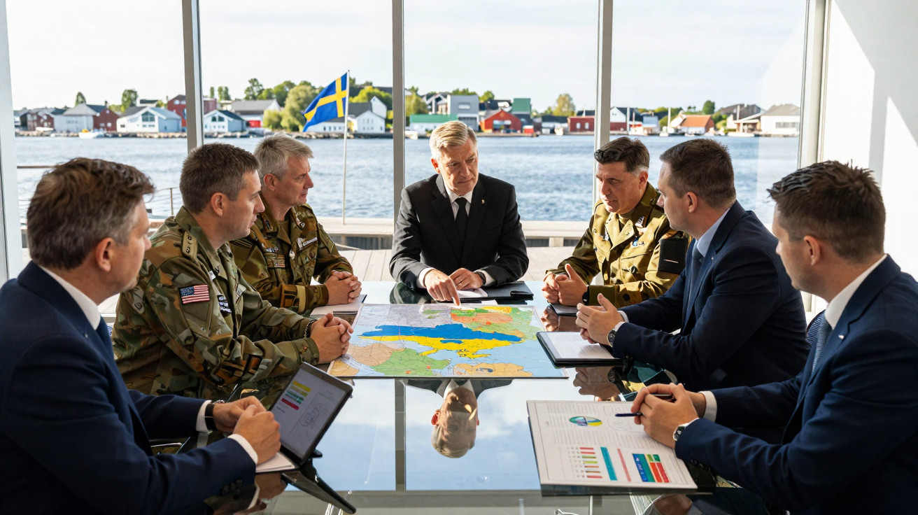 Reunião de militares e diplomatas ao redor de uma mesa com mapa, com vista para o mar e bandeira da Suécia.