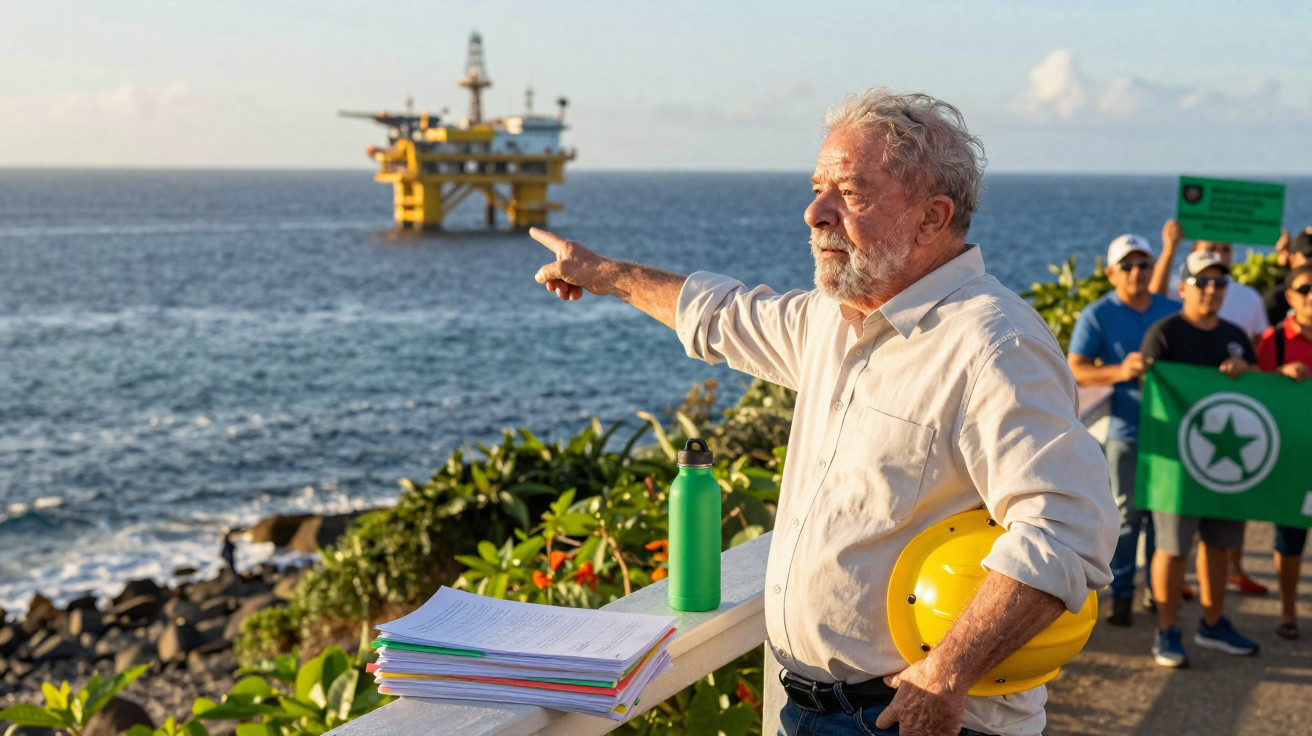 Homem idoso com capacete amarelo discursa em protesto contra plataforma petrolífera no mar, com grupo segurando faixa Petrobr