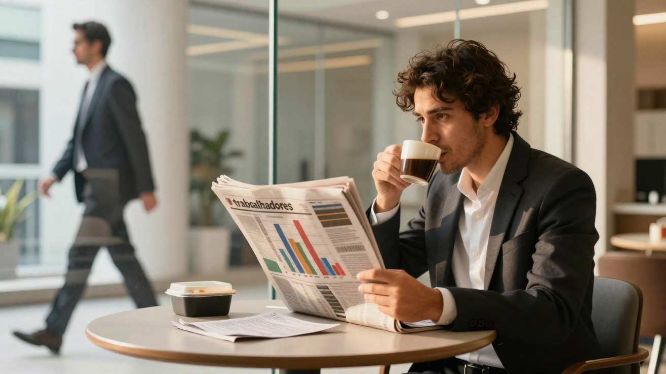 Homem de fato sentado a beber café e a ler jornal numa mesa de café, homem de fato a passar ao fundo.