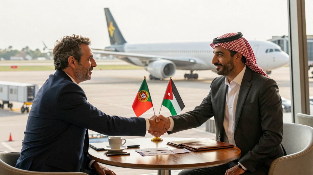 Dois homens em fato apertam as mãos numa mesa com bandeiras de Portugal e Palestina, no interior de um aeroporto.
