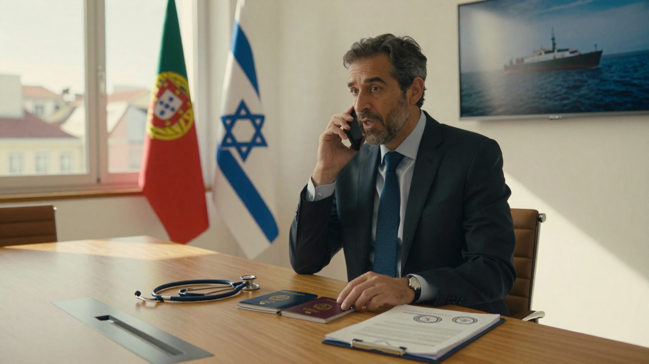 Homem de fato a falar ao telemóvel numa sala com bandeiras de Portugal e Israel ao fundo.