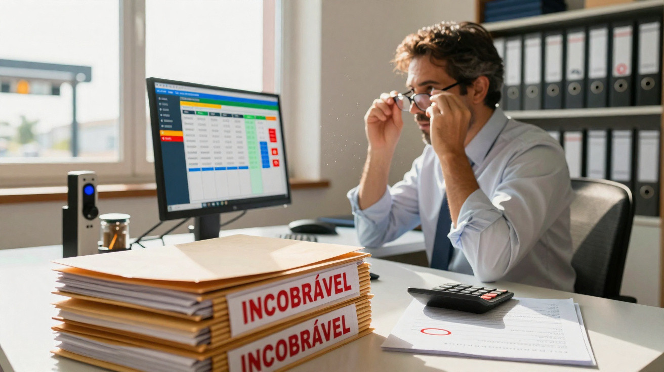 Homem preocupado no escritório com pastas marcadas como incobráveis e dados financeiros no ecrã do computador.