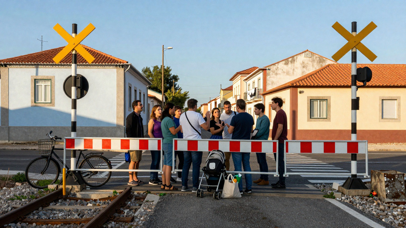 Grupo de pessoas junto a passagem de nível em ferrovia numa zona urbana ao pôr do sol.