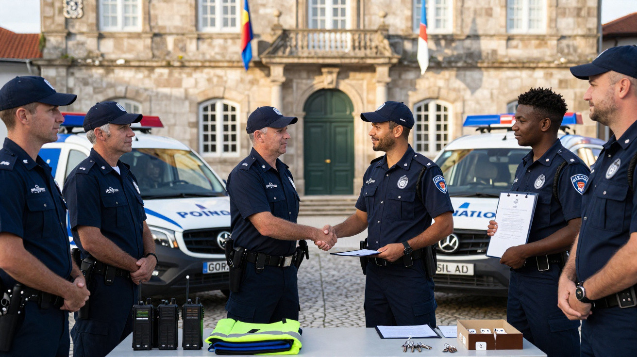 Polícias e homem de fato cumprimentam-se com documentos em frente a viaturas em área urbana.