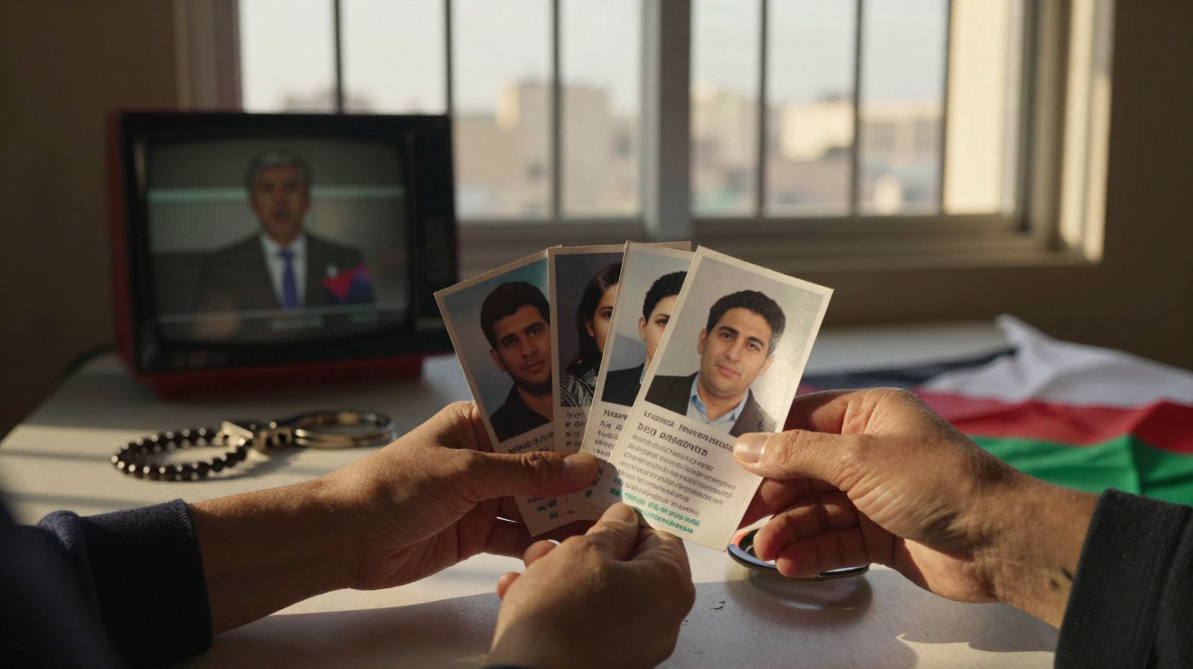 Mãos seguram fotos de vários homens, com algemas e bandeira em fundo, televisão mostra homem a falar.