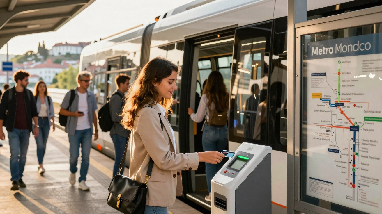 Mulher a validar bilhete com cartão numa estação de metro moderna ao lado de um comboio parado.