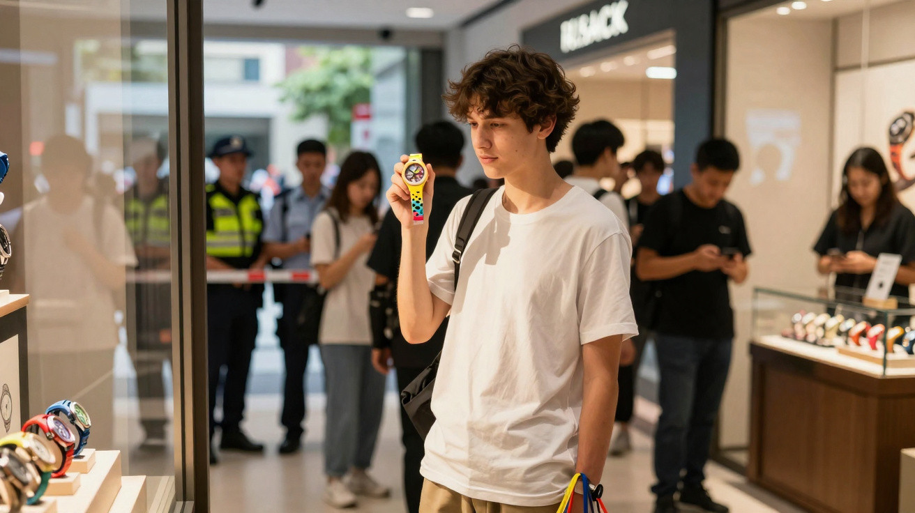 Jovem com camiseta branca observa um dispositivo amarelo, com pessoas ao fundo numa rua urbana.