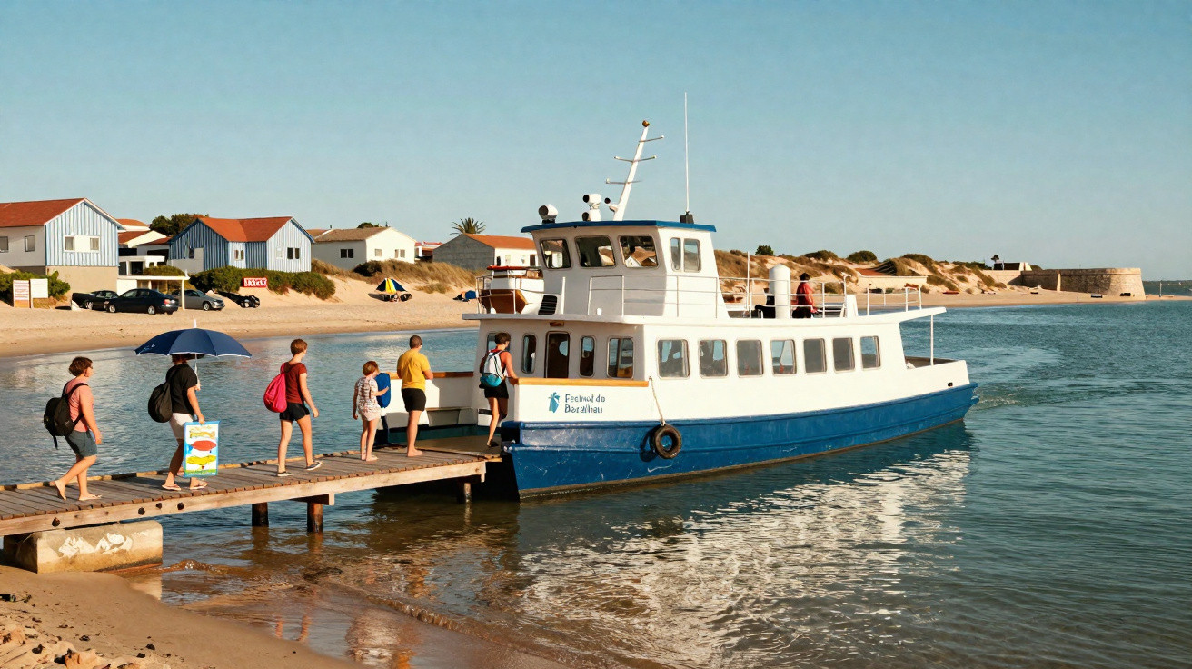 Pessoas a embarcar num ferry atracado num cais de madeira junto à praia com casas e dunas ao fundo.