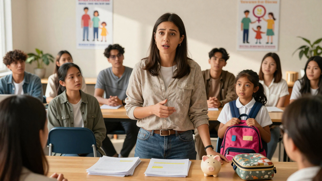 Professora a falar para alunos numa sala de aula, com aluna pequena ao lado e porquinho mealheiro em cima da mesa.