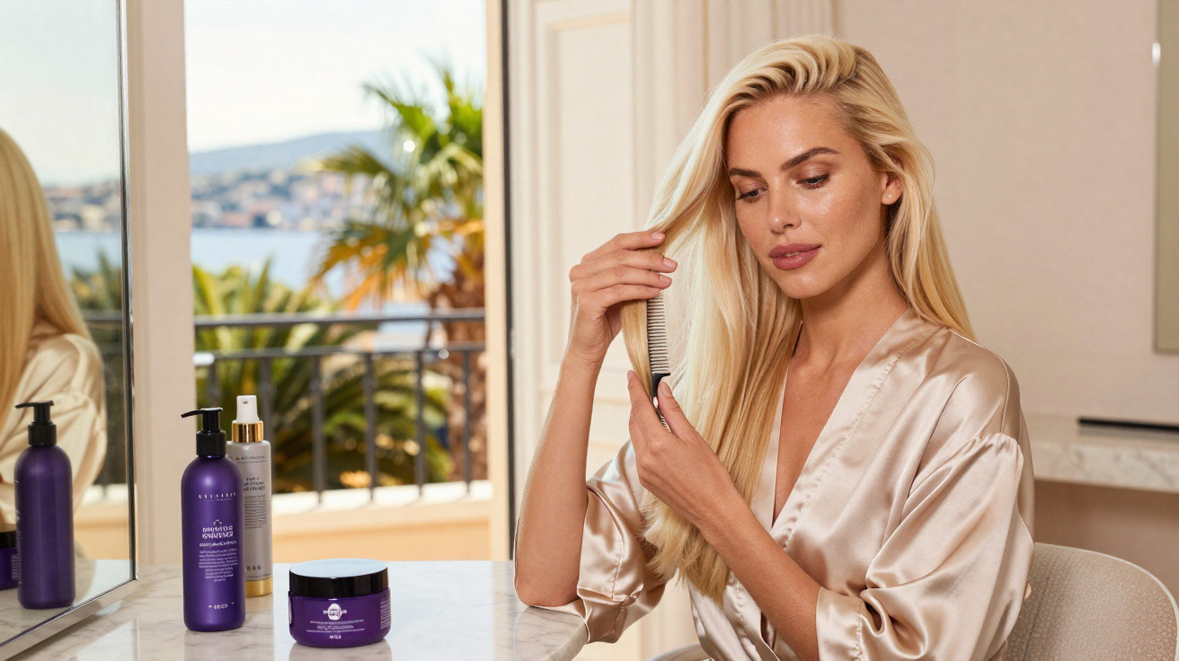 Mulher loira de robe sedoso penteia o cabelo num ambiente luminoso com produtos de cuidado capilar à frente.