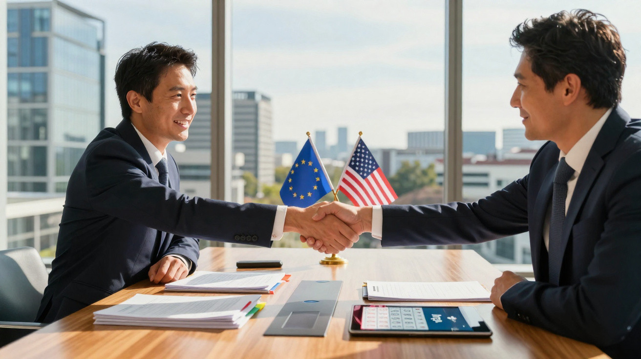 Homem e mulher em fato apertam as mãos numa reunião de negócios com bandeiras da UE e EUA ao fundo.