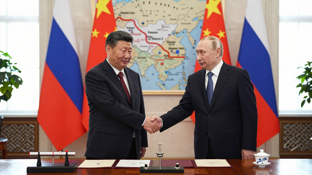 Xi Jinping e Vladimir Putin apertam as mãos em frente a bandeiras da China e Rússia, com mapa ao fundo.