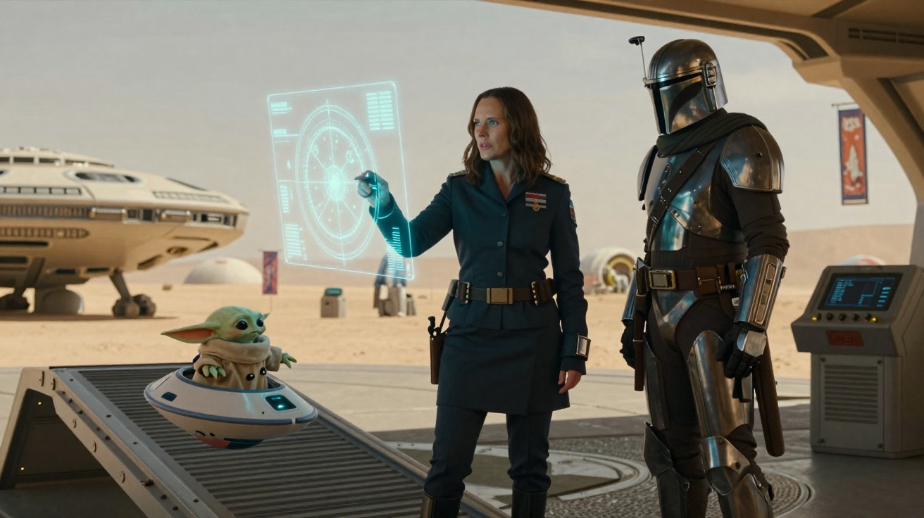 Personagem em armadura futurista mostra holograma a mulher em uniforme numa paisagem desértica com pequena criatura ao lado.